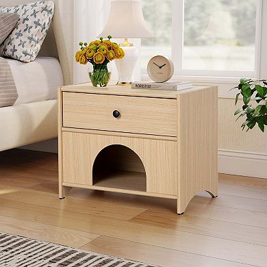 Storage Cabinet with Drawer Pet Friendly Side Table with Open Shelf Mid Century