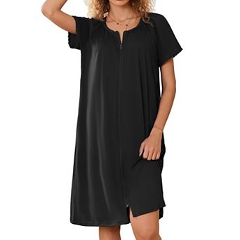 Ekouaer Zipper Robes for Women Short Sleeves Knit Bathrobes Knee Length Soft Lace Trim Loungewear