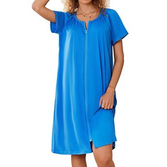 Ekouaer Zipper Robes for Women Short Sleeves Knit Bathrobes Knee Length Soft Lace Trim Loungewear