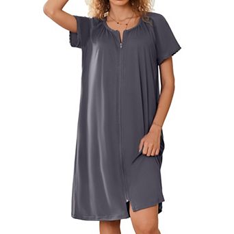 Ekouaer Zipper Robes for Women Short Sleeves Knit Bathrobes Knee Length Soft Lace Trim Loungewear