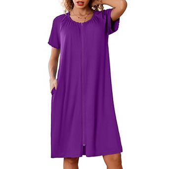 Ekouaer Zipper Robes for Women Short Sleeves Knit Bathrobes Knee Length Soft Lace Trim Loungewear