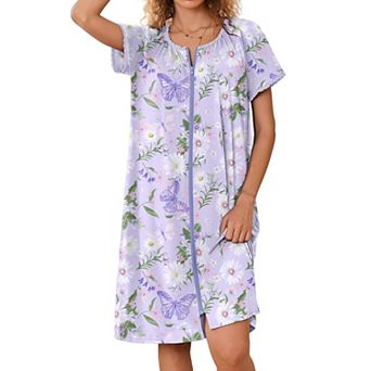 Ekouaer Zipper Robes for Women Short Sleeves Knit Bathrobes Knee Length Soft Lace Trim Loungewear