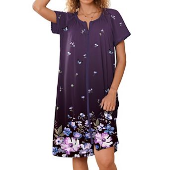 Ekouaer Zipper Robes for Women Short Sleeves Knit Bathrobes Knee Length Soft Lace Trim Loungewear