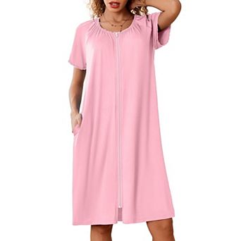 Ekouaer Zipper Robes for Women Short Sleeves Knit Bathrobes Knee Length Soft Lace Trim Loungewear