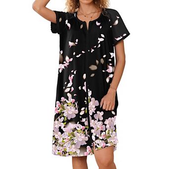 Ekouaer Zipper Robes for Women Short Sleeves Knit Bathrobes Knee Length Soft Lace Trim Loungewear