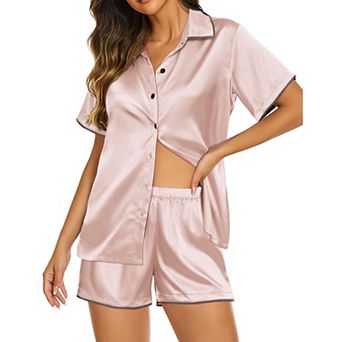 Womens Silk Satin Pajama Sets Short Sleeve Button Down Sleepwear Cozy Loungewear Two Piece Set