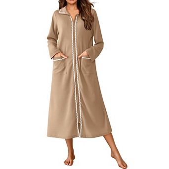 Ekouaer Zipper Robes for Women Long Waffle Knit Bathrobe Lightweight Long Sleeves Robe Soft