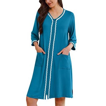 Ekouaer Zipper Robes for Women 3/4 Sleeves Lightweight House Coat Zip Up Bathrobe Soft Nightgown