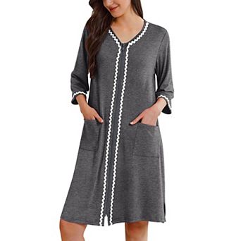 Ekouaer Zipper Robes for Women 3/4 Sleeves Lightweight House Coat Zip Up Bathrobe Soft Nightgown