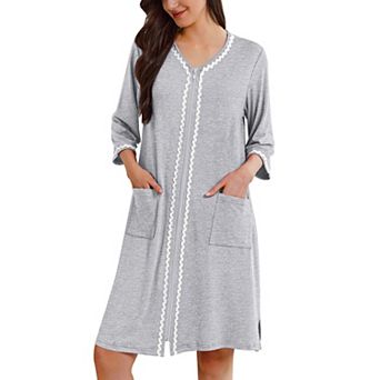 Ekouaer Zipper Robes for Women 3/4 Sleeves Lightweight House Coat Zip Up Bathrobe Soft Nightgown