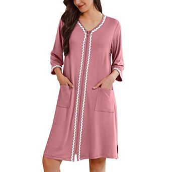 Ekouaer Zipper Robes for Women 3/4 Sleeves Lightweight House Coat Zip Up Bathrobe Soft Nightgown