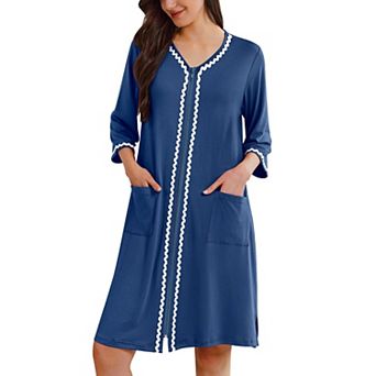Ekouaer Zipper Robes for Women 3/4 Sleeves Lightweight House Coat Zip Up Bathrobe Soft Nightgown