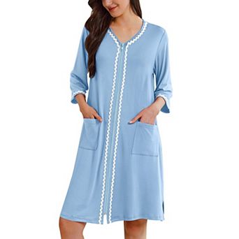 Ekouaer Zipper Robes for Women 3/4 Sleeves Lightweight House Coat Zip Up Bathrobe Soft Nightgown