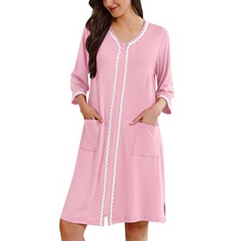 Ekouaer Zipper Robes for Women 3/4 Sleeves Lightweight House Coat Zip Up Bathrobe Soft Nightgown