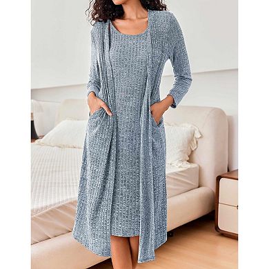 Ekouaer Womens Knit Robe Set 2 Piece Nightgown with Robes Long Sleeves Lounge Sets with Pockets