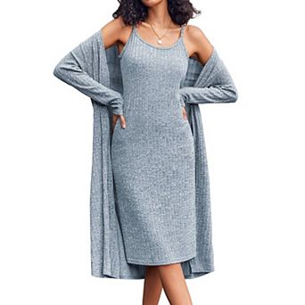 Ekouaer Womens Knit Robe Set 2 pc Nightgown with Robes Long Sleeves Lounge Sets with Pockets