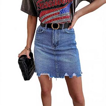 Women's Knee-Length A-Line Denim Skirt with Distressed Hem