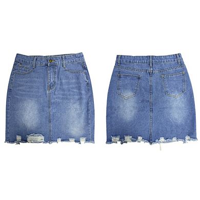 Women's Knee-Length A-Line Denim Skirt with Distressed Hem