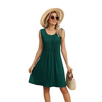 Women's Casual Summer Dress Floral Beach Sleeveless Crewneck Pleated Loose Sundresses with Pockets