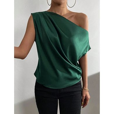 Women’s Blouse Asymmetrical Off-Shoulder Shirt Sleeveless Ruching Satin Elegant Trendy Summer Tops