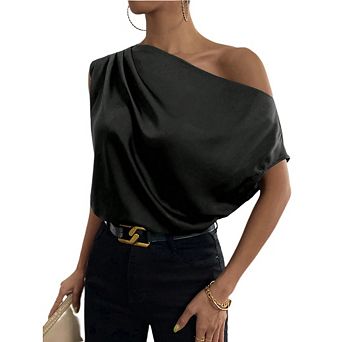 Women’s Blouse Asymmetrical Off-Shoulder Shirt Sleeveless Ruching Satin Elegant Trendy Summer Tops