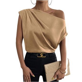 Women’s Blouse Asymmetrical Off-Shoulder Shirt Sleeveless Ruching Satin Elegant Trendy Summer Tops