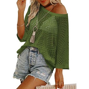 Zeagoo Women's 3/4 Sleeve Hollow Out Crochet Top Off Shoulder Beach Knit Coverup
