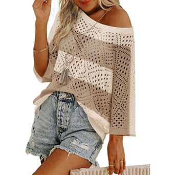 Zeagoo Women's 3/4 Sleeve Hollow Out Crochet Top Off Shoulder Beach Knit Coverup