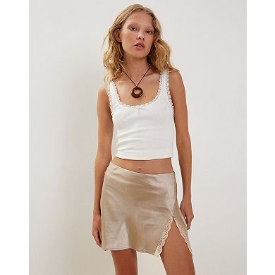 Women's High Waisted Satin Mini Skirt with Lace Trim & Side Slit