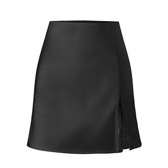 Women's High Waisted Satin Mini Skirt with Lace Trim & Side Slit