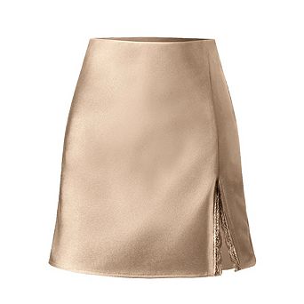 Women's High Waisted Satin Mini Skirt with Lace Trim & Side Slit