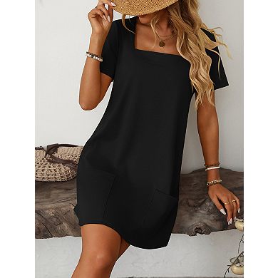 Women's Square Neck Short Sleeve Pocket Casual Mini Dress