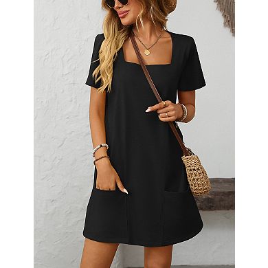 Women's Square Neck Short Sleeve Pocket Casual Mini Dress