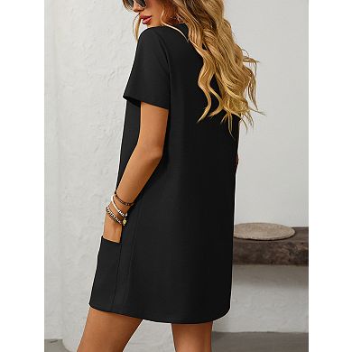 Women's Square Neck Short Sleeve Pocket Casual Mini Dress