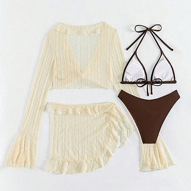 Women's Boho 4 Piece Bikini Set Triangle Swimsuit Set Sheer Knot Bathing Suit Cover Up