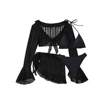 Women's Boho 4 pc Bikini Set Triangle Swimsuit Set Sheer Knot Bathing Suit Cover Up