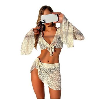 Women's Boho 4 pc Bikini Set Triangle Swimsuit Set Sheer Knot Bathing Suit Cover Up