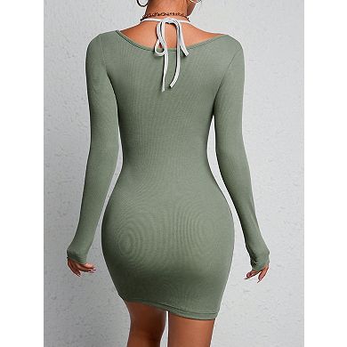 Women's Square Neck Long Sleeve Tie-Waist Bodycon Mini Dress