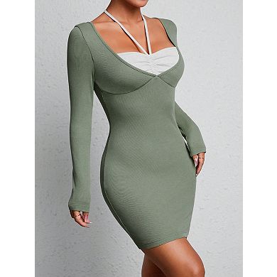 Women's Square Neck Long Sleeve Tie-Waist Bodycon Mini Dress