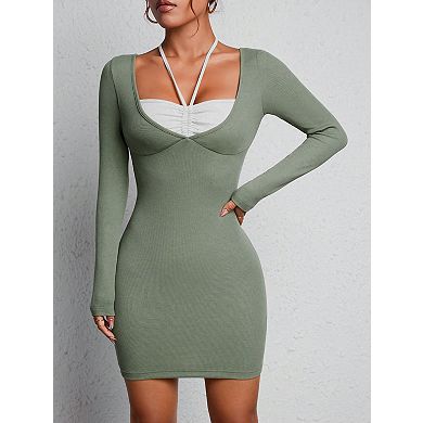 Women's Square Neck Long Sleeve Tie-Waist Bodycon Mini Dress