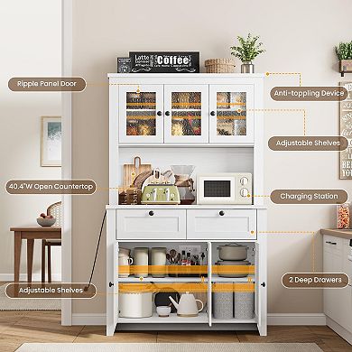 Pantry Cabinet with Charging Station, Countertop, with Storage Drawers and Adjustable Shelves