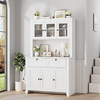 Pantry Cabinet with Charging Station, Countertop, with Storage Drawers and Adjustable Shelves
