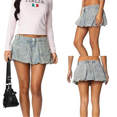 Women's Retro Bubble Hem Denim Mini Skirt with 3D Pockets