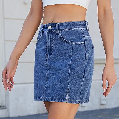 Women's Washed Denim Bodycon Mini Skirt with Stylish Front Slit