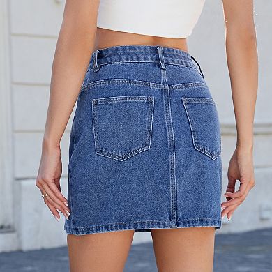 Women's Washed Denim Bodycon Mini Skirt with Stylish Front Slit