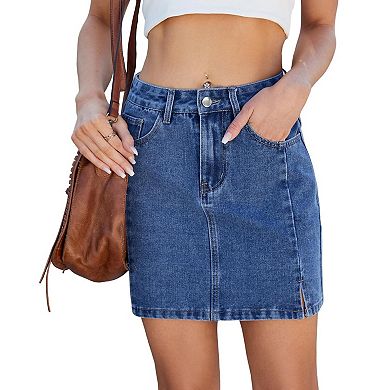 Women's Washed Denim Bodycon Mini Skirt with Stylish Front Slit