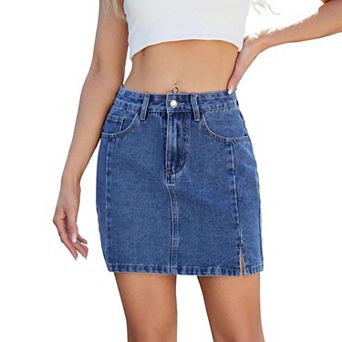 Women's Washed Denim Bodycon Mini Skirt with Stylish Front Slit