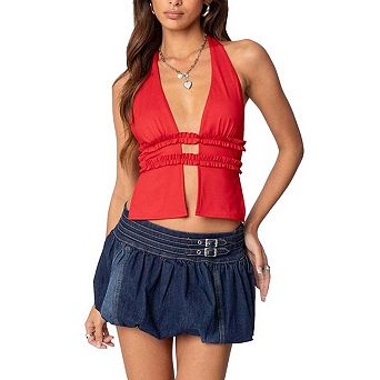 Women's Low Rise Bubble Hem Denim Skirt with Elastic Waist