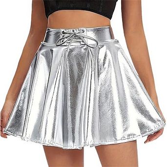 Women's PU Leather Skater Skirt with Elastic Lace-Up Waistband
