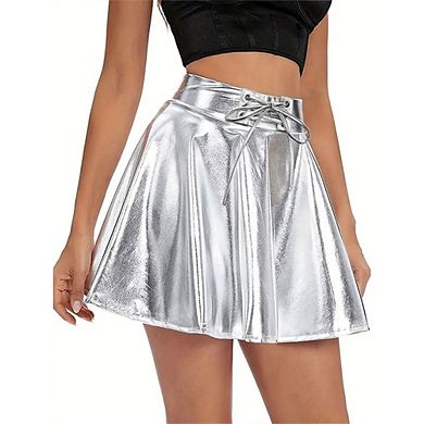 Women's PU Leather Skater Skirt with Elastic Lace-Up Waistband